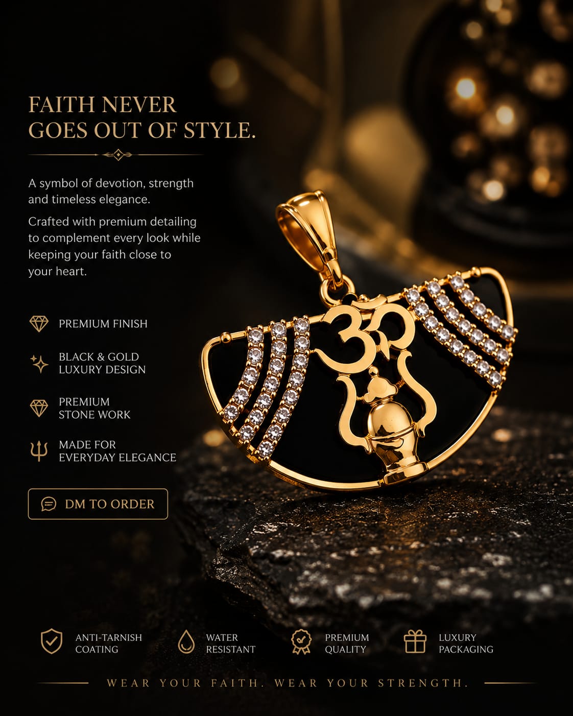 Om Trishul Pendant with Red Stone and Crystal Detail