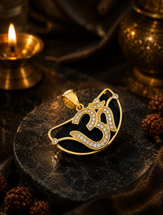 Black & Gold Om Pendant with Crystal Border