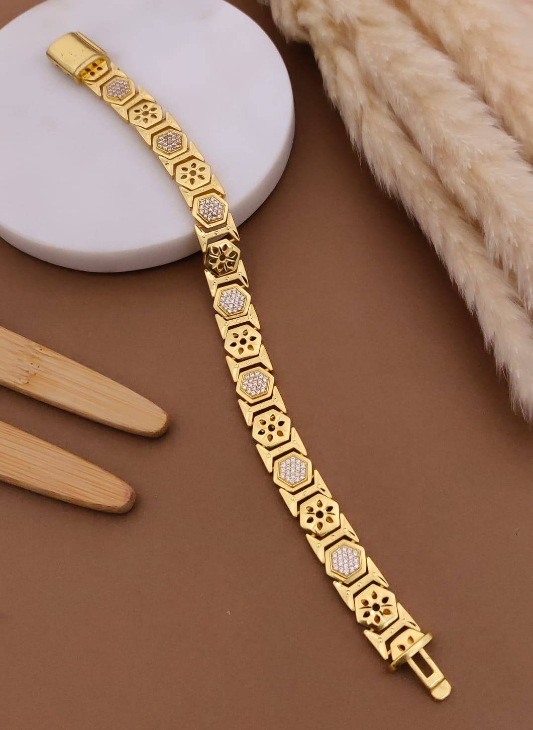 Men's Gold-Tone Link Bracelet with Crystal Detail